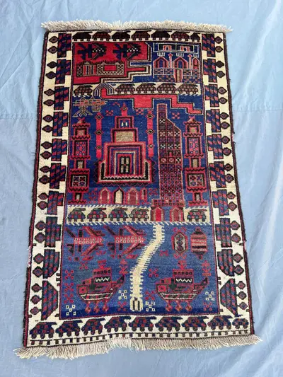 2'8x4'3 Vintage Afghan Pictorial Rug | Hand Knotted Wool Area Rug | Blue Red Village Scene Rug | Bohemian Acce