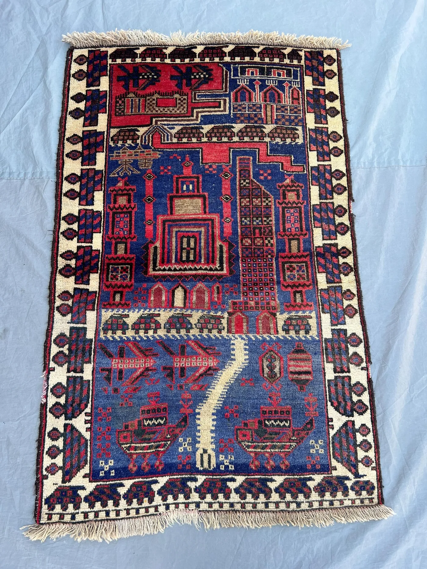2'8x4'3 Vintage Afghan Pictorial Rug | Hand Knotted Wool Area Rug | Blue Red Village Scene Rug | Bohemian Accent Rug Nomadic War Rug