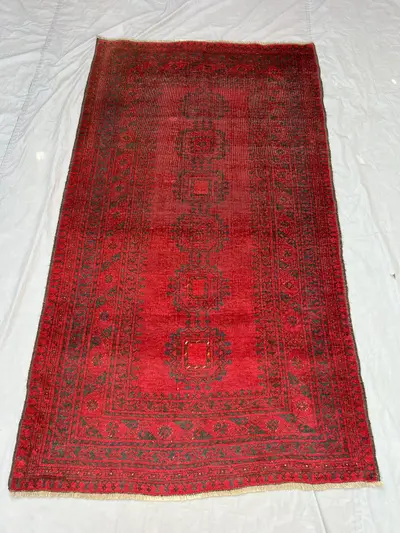3'9x7 Ft Vintage Afghan Ersari Wool Pile Rug Hand-Knotted Triple Octagonal Gul Medallion Vivid Red Dark Navy A