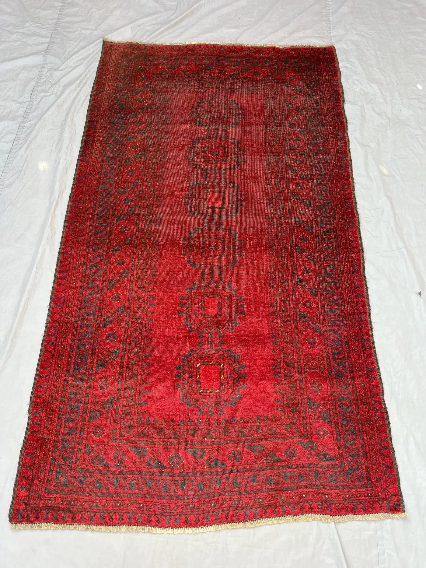 3'9x7 Ft Vintage Afghan Ersari Wool Pile Rug Hand-Knotted Triple Octagonal Gul Medallion Vivid Red Dark Navy Area Rug | Living Room Bedroom