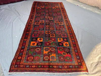 5'2x12'8 Ft Vintage Afghan Handknotted Medium Pile Runner Rug, All-Over Multicolor Panel Grid Star Orange Gree