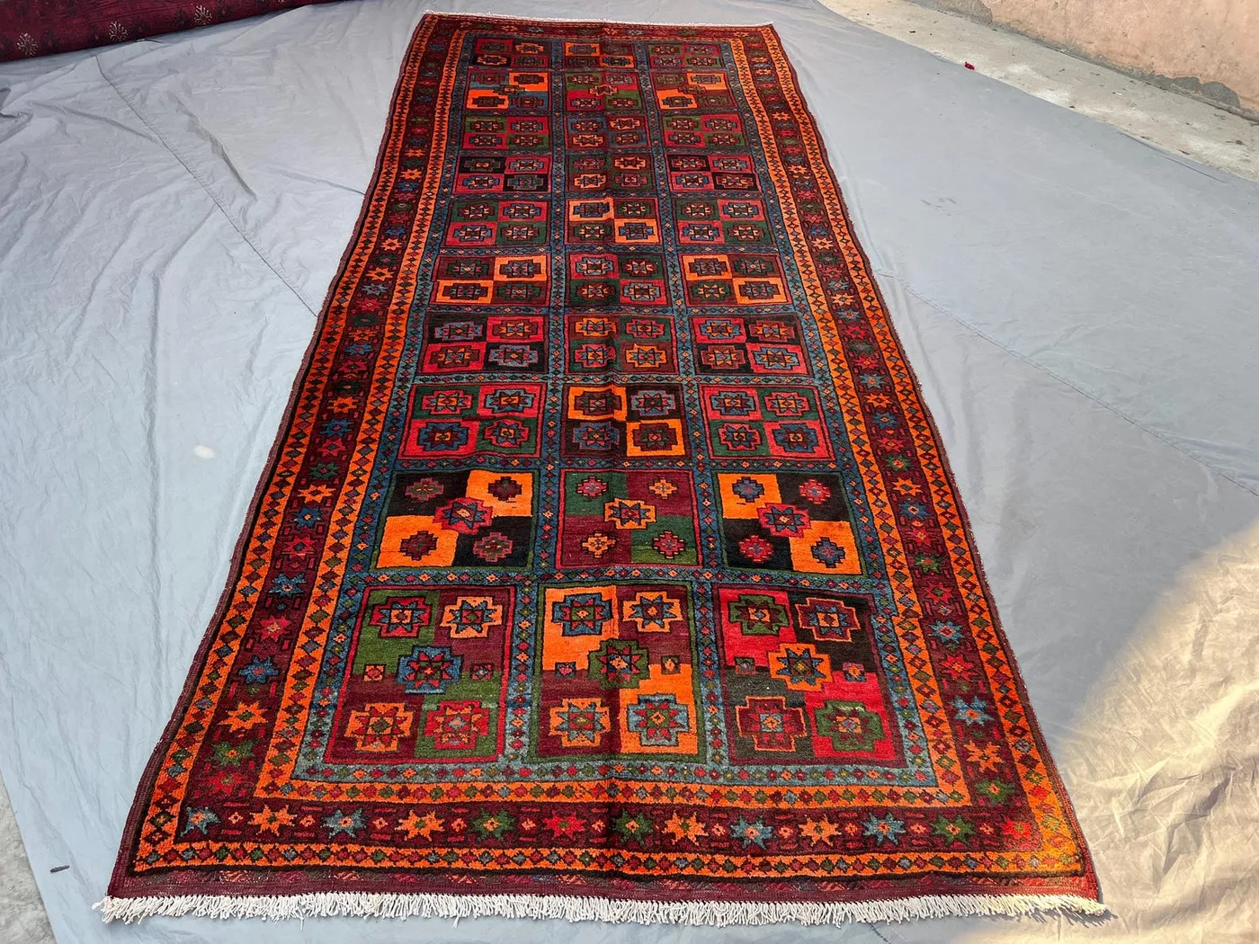 5'2x12'8 Ft Vintage Afghan Handknotted Medium Pile Runner Rug, All-Over Multicolor Panel Grid Star Orange Green Wool | Hallway Living Room