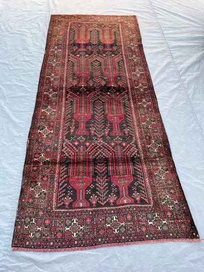3'9x9 ft Vintage Afghan Baluchi Hand Knotted Wool Runner Rug Dark Charcoal Red Triple Arch Tree of Life Tribal