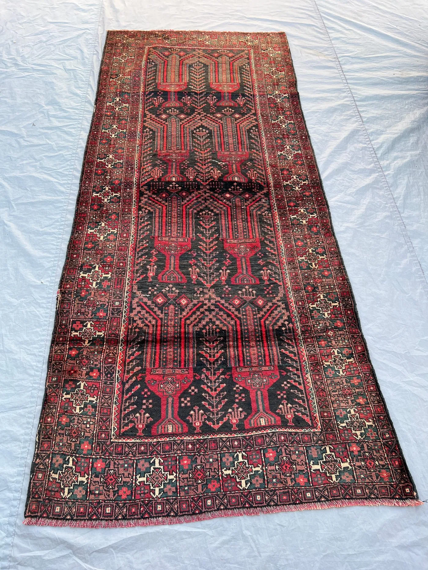 3'9x9 ft Vintage Afghan Baluchi Hand Knotted Wool Runner Rug Dark Charcoal Red Triple Arch Tree of Life Tribal Hallway Runner
