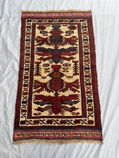 2'7x4'3 Ft Antique Afghan Baluchi Wool Pile Rug Handwoven Geometric Bird Tree Motif Ivory Deep Red Navy Accent