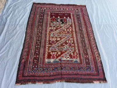 4'7x6'1 Ft Vintage Afghan Tribal Rug | Hand Knotted Wool Area Rug | Deep Burgundy Red Zigzag Geometric Rug | B