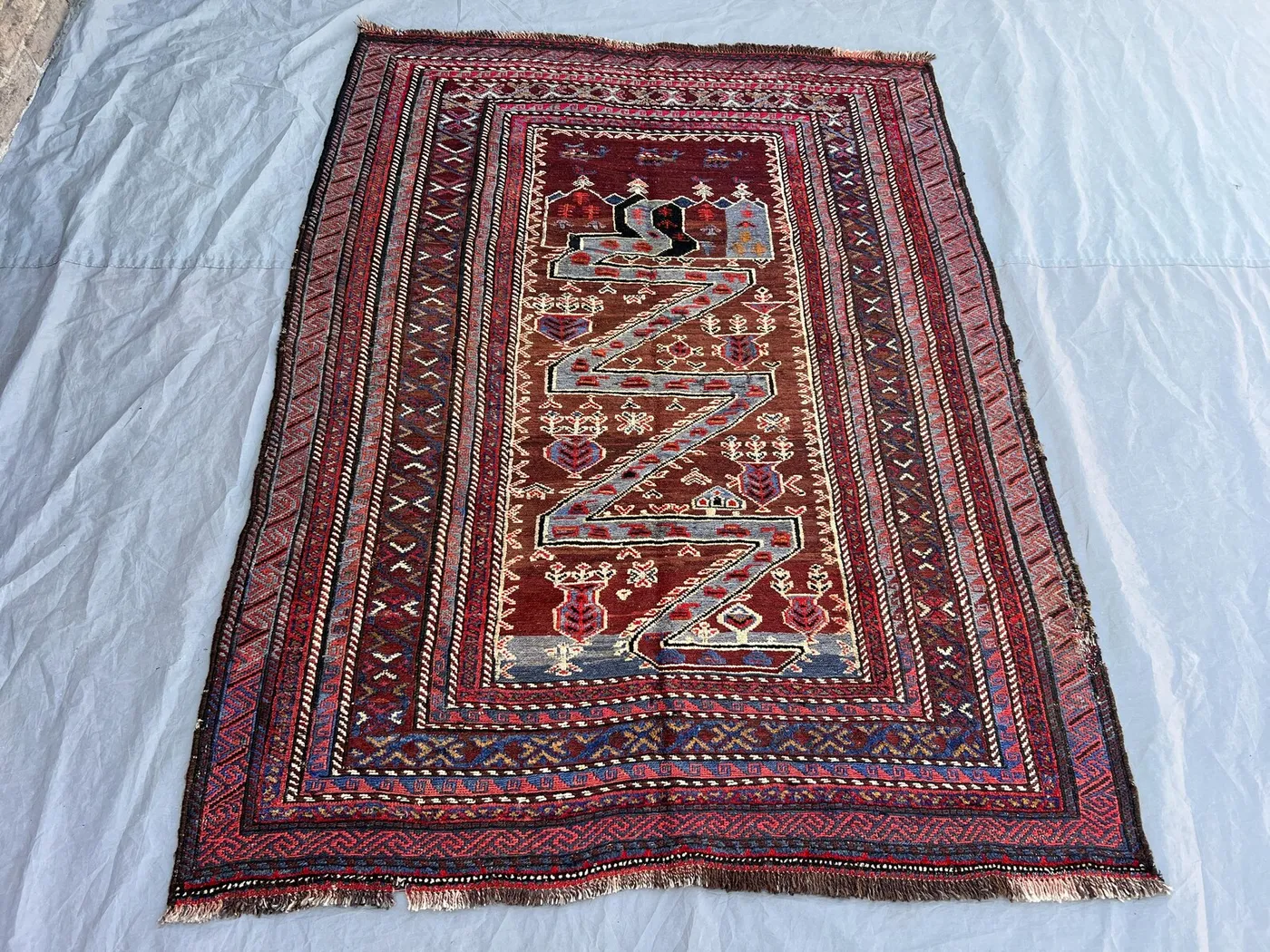 4'7x6'1 Ft Vintage Afghan Tribal Rug | Hand Knotted Wool Area Rug | Deep Burgundy Red Zigzag Geometric Rug | Bohemian Living Room Rug