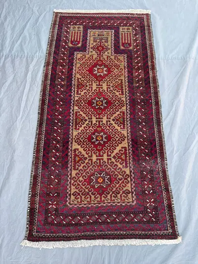 2'10×5'8 ft Vintage Afghan Baluch Prayer Rug — Handwoven Tribal Wool Rug with Triple Star Medallion & Mihrab A