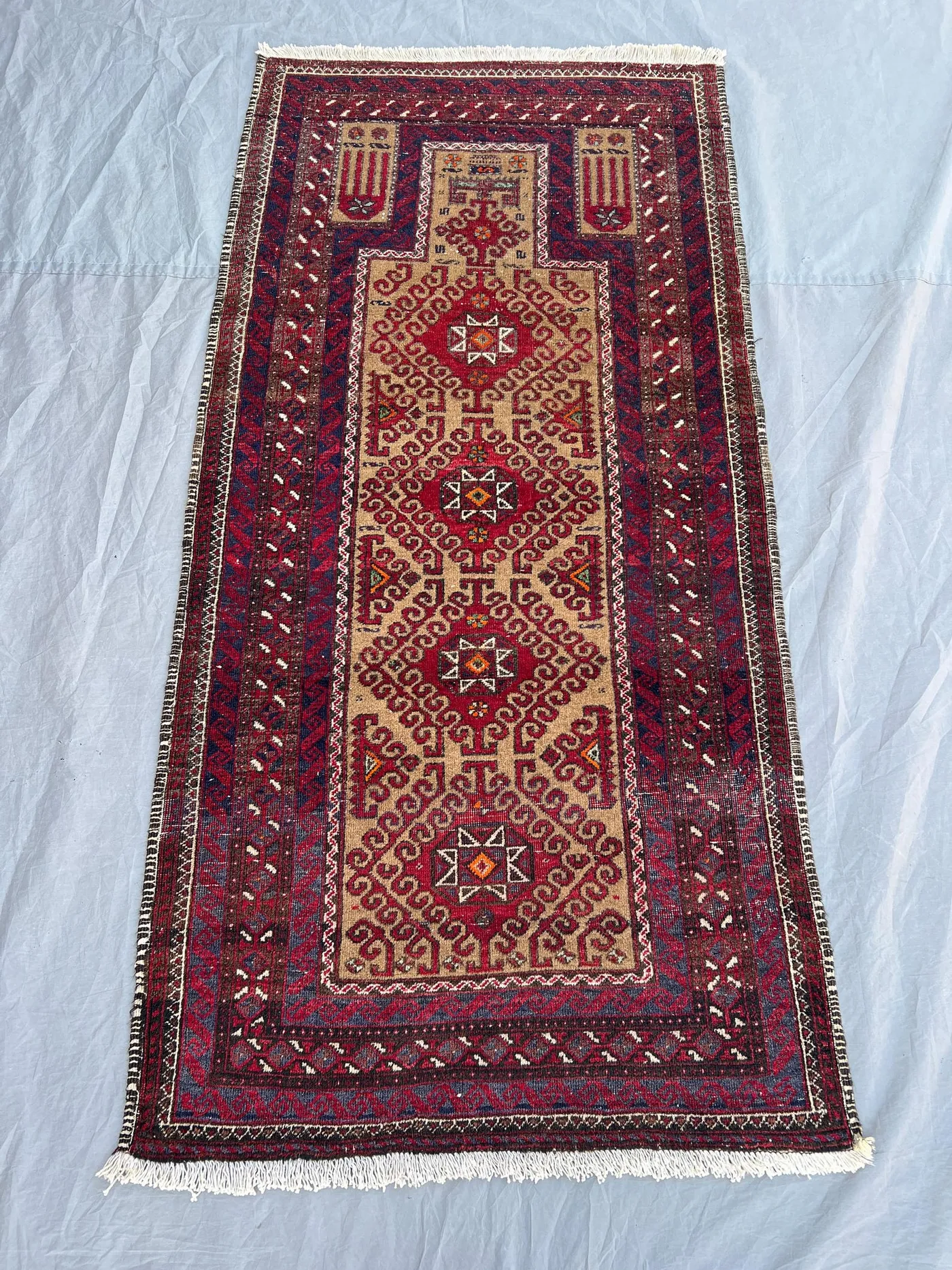 2'10×5'8 ft Vintage Afghan Baluch Prayer Rug — Handwoven Tribal Wool Rug with Triple Star Medallion & Mihrab Arch Design — Bedroom, Hallway