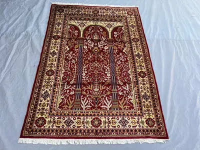 4'x5'10 Vintage Afghan Prayer Rug Red Triple Arch Column Floral Hand Knotted Wool Pile Rug | Bedroom Living Ro