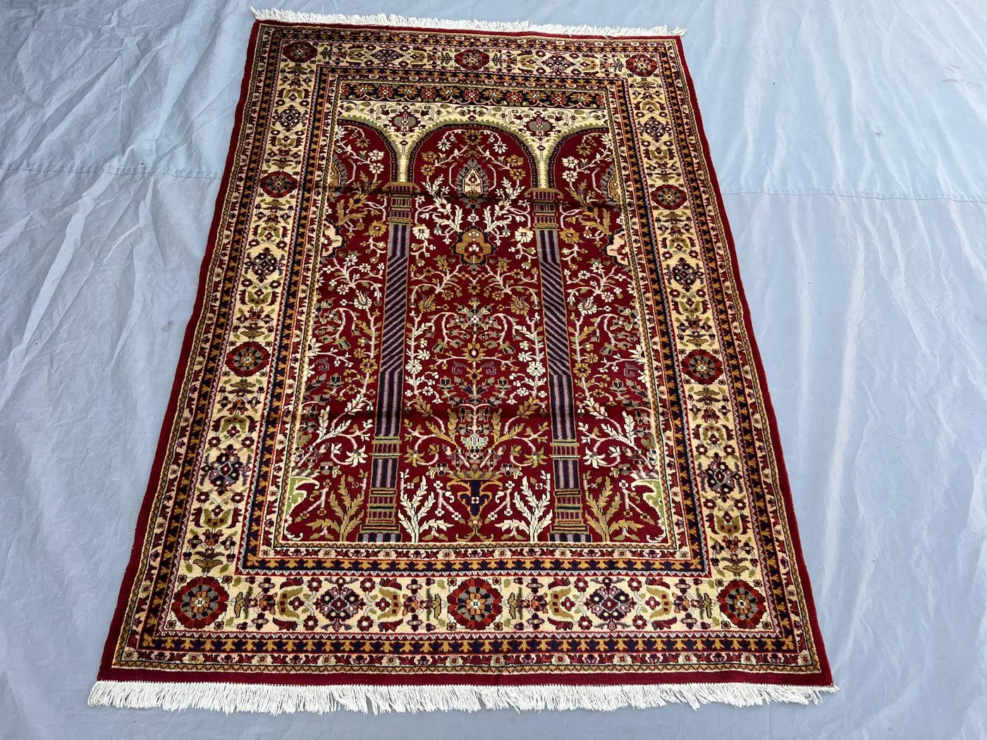 4'x5'10 Vintage Afghan Prayer Rug Red Triple Arch Column Floral Hand Knotted Wool Pile Rug | Bedroom Living Room Boho Traditional Home Decor