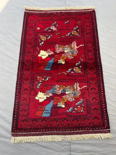 3x4'9 Vintage Afghan Pictorial Map Rug Handwoven Wool Pile Afghanistan Province Map Deep Red Multicolor | Coll
