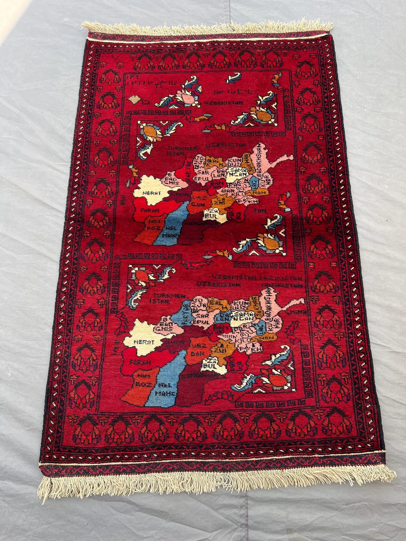 3x4'9 Vintage Afghan Pictorial Map Rug Handwoven Wool Pile Afghanistan Province Map Deep Red Multicolor | Collector Wall Hanging Living Room