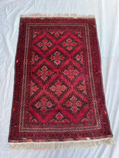 3'4x5 Ft Antique Afghan Baluchi Wool Pile Rug Hand-Knotted All-Over Diamond Lattice Star Deep Red Black Accent