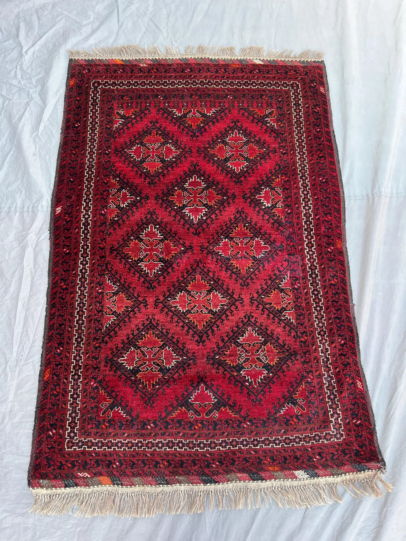 3'4x5 Ft Antique Afghan Baluchi Wool Pile Rug Hand-Knotted All-Over Diamond Lattice Star Deep Red Black Accent Rug | Bedroom Entryway
