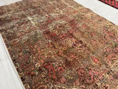 Antique 1900s Turkmen Rug, 6'8 x 9'6 ft, Low Pile, Distressed, Rare Vintage Wool Carpet, Hand-Knotted,Unique T