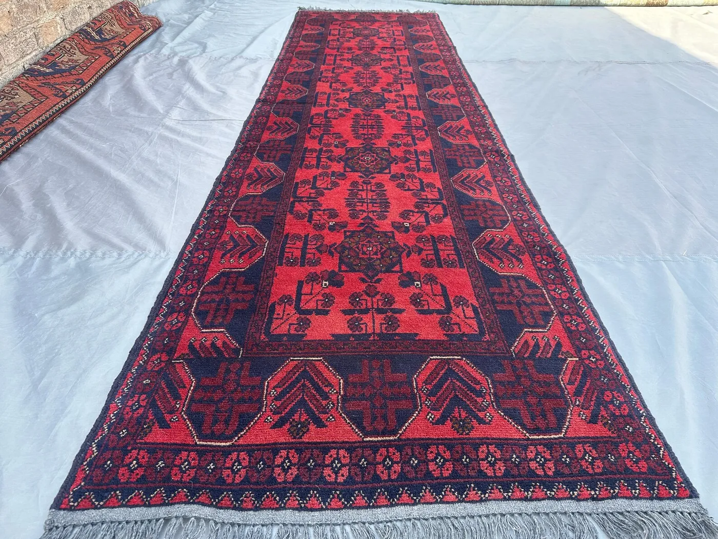 3x10 ft Afghan Hand-Knotted Runner Rug Turkmen Tribal Wool Rug, Afghan Runner Rug, Turkish Runner Rug, Enterway Rug, Geometric Floor Rug