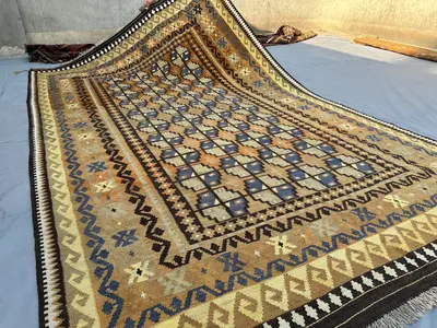 7x11 ft Antique Afghan Flat-Weave Kilim Rug, Turkmen Faded Design, Turkish Style Kilim, Large Handmade Wool Ge