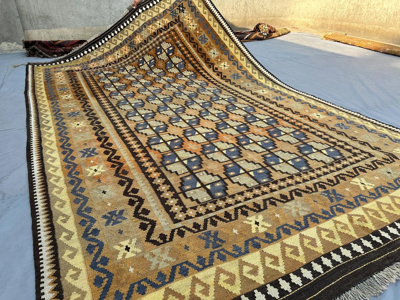 7x11 ft Antique Afghan Flat-Weave Kilim Rug, Turkmen Faded Design, Turkish Style Kilim, Large Handmade Wool Geometric Tribal Carpet, Bedroom