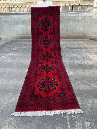 Afghan Hand-Knotted Khal Mohammadi Runner Rug 2'8" x 9'8" | Traditional Red Bukhara Wool Carpet | Andkhoy Trib