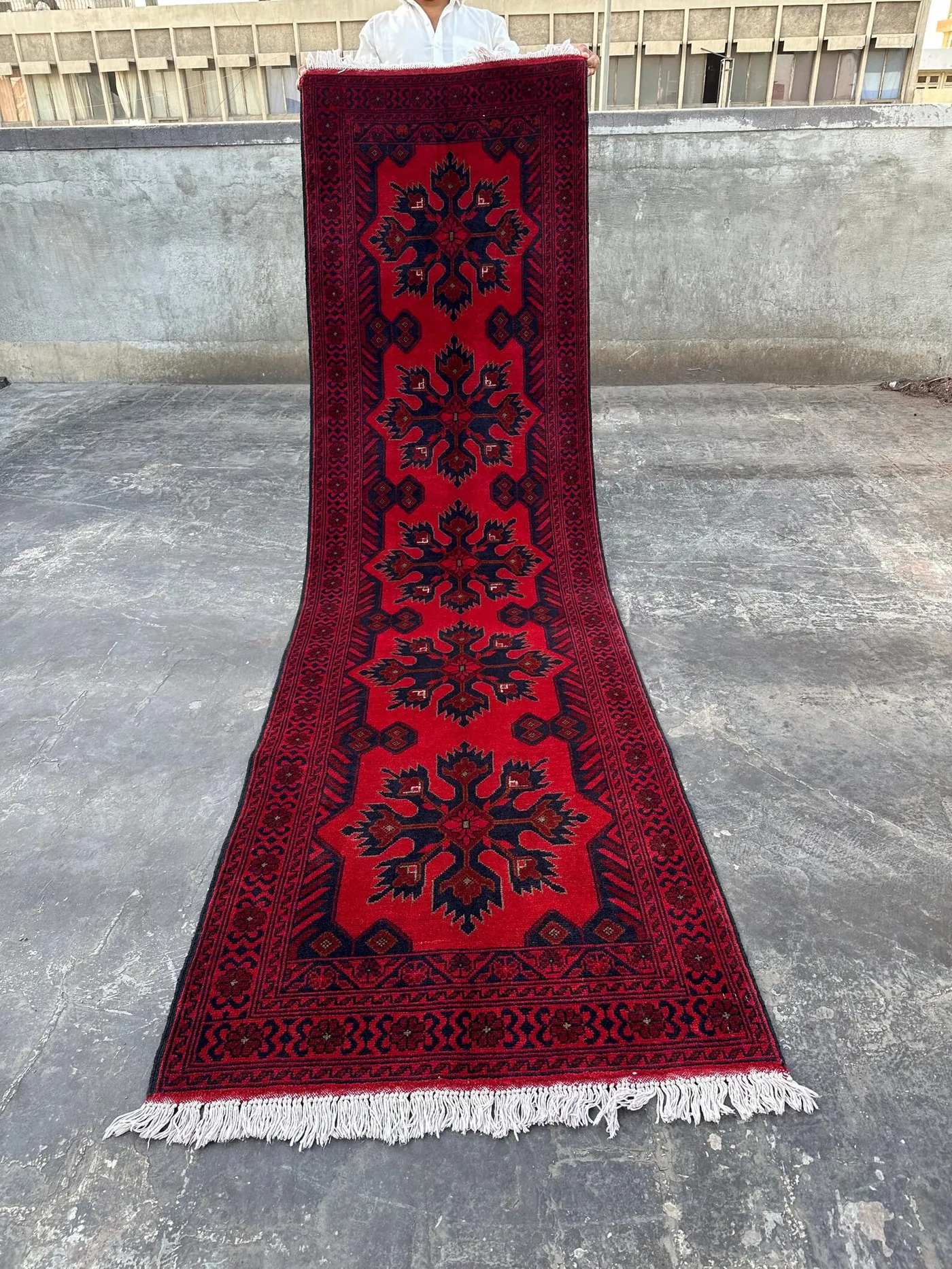 Afghan Hand-Knotted Khal Mohammadi Runner Rug 2'8" x 9'8" | Traditional Red Bukhara Wool Carpet | Andkhoy Tribal Geometric Long Hallway Rug