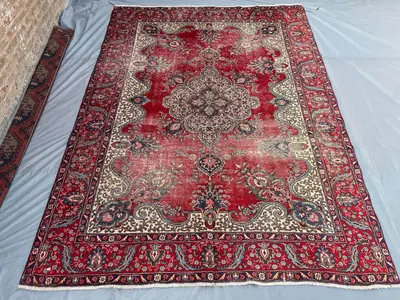 8'2x11'2 ft Antique Turkish Hand Knotted Tribal Rug Turkmen Style No Pile Distressed Rug | Geometric Pattern L