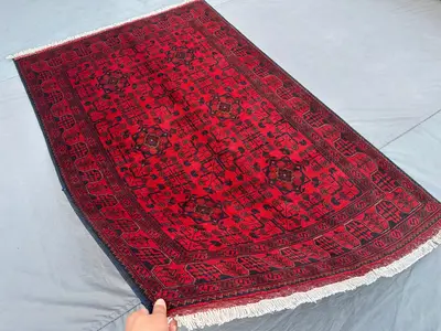 Afghan Turkoman Tribal Rug 4'2x6'7 ft Handmade Bukhara Carpet | Khal Mohammadi Geometric Wool Rug | Traditiona