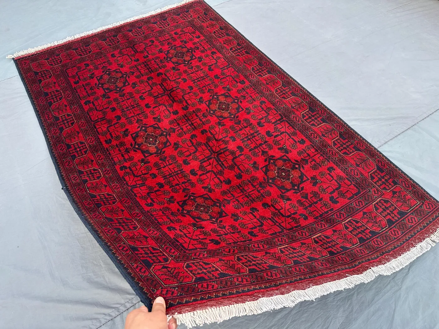 Afghan Turkoman Tribal Rug 4'2x6'7 ft Handmade Bukhara Carpet | Khal Mohammadi Geometric Wool Rug | Traditional Nomadic Area Rug Kitchen Rug