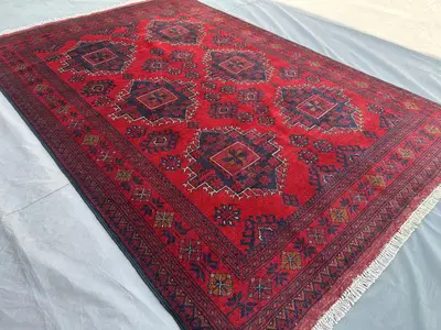 Afghan Turkoman Tribal Rug 5x7 Handmade Bukhara Red Carpet | Khal Mohammadi Geometric Wool Rug | Traditional N