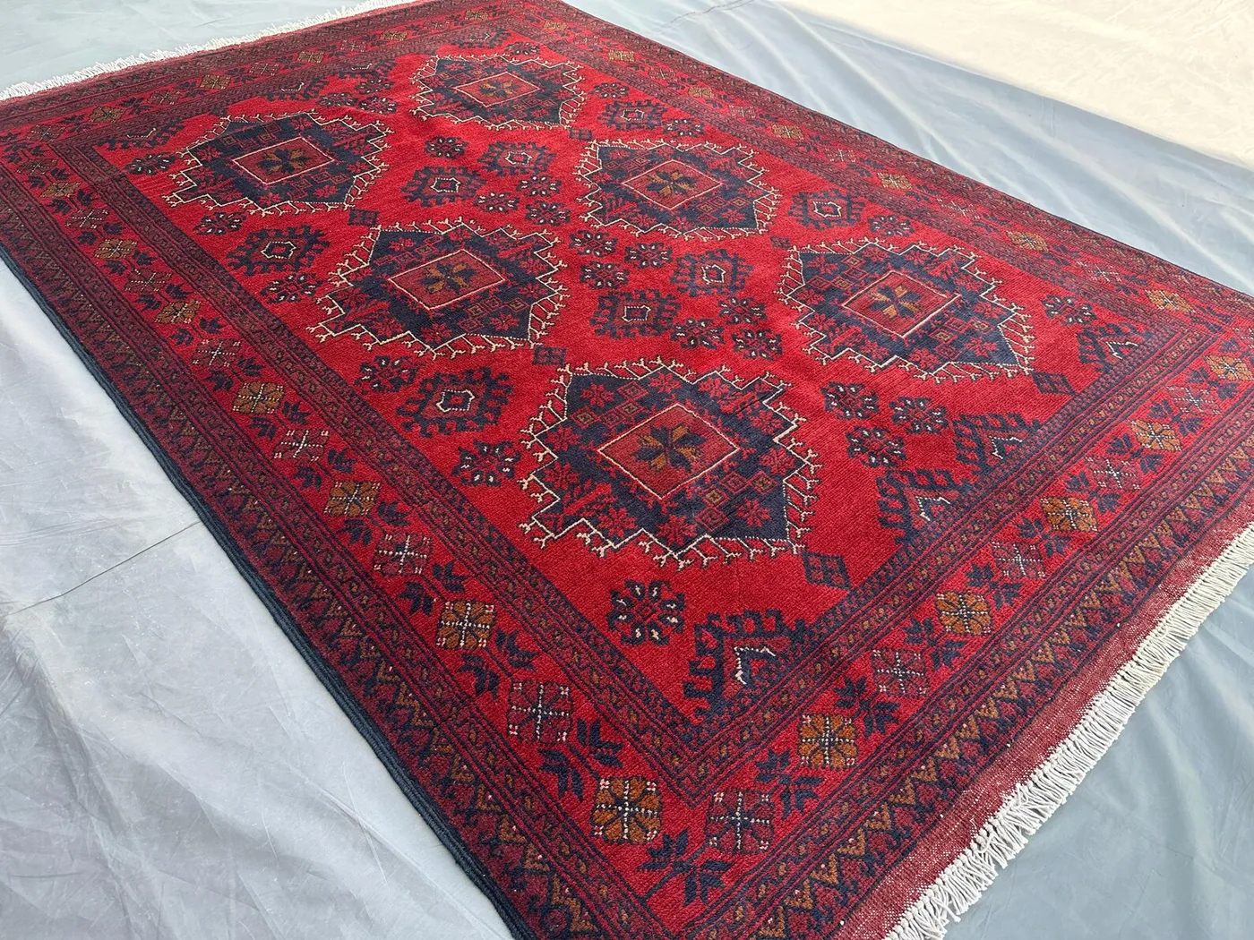 Afghan Turkoman Tribal Rug 5x7 Handmade Bukhara Red Carpet | Khal Mohammadi Geometric Wool Rug | Traditional Nomadic Area Rug, Bedroom Rug