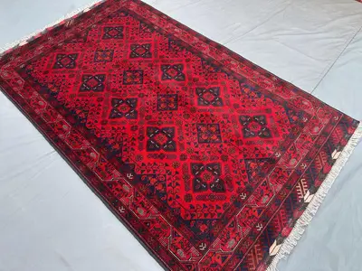 Afghan Turkoman Tribal Rug 4'2x7'0 ft Handmade Bukhara Carpet | Khal Mohammadi Geometric Wool Rug | Traditiona