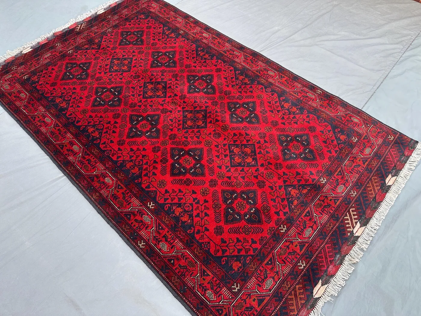 Afghan Turkoman Tribal Rug 4'2x7'0 ft Handmade Bukhara Carpet | Khal Mohammadi Geometric Wool Rug | Traditional Nomadic Area Rug Kitchen Rug