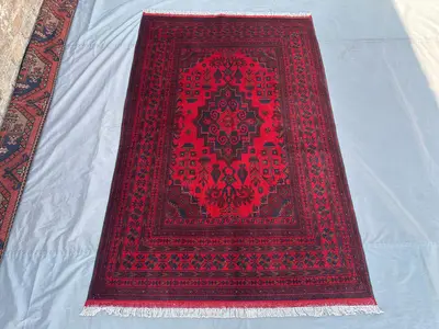 Afghan Turkmen Tribal Rug 4'3x6'1 ft Handmade Bukhara Carpet | Khal Mohammadi Geometric Wool Rug | Traditional