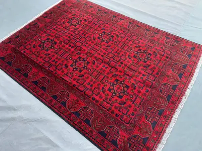 Afghan Turkoman Tribal Rug 4'10x6'7 ft Handmade Bukhara Red Carpet | Khal Mohammadi Geometric Wool Rug | Tradi