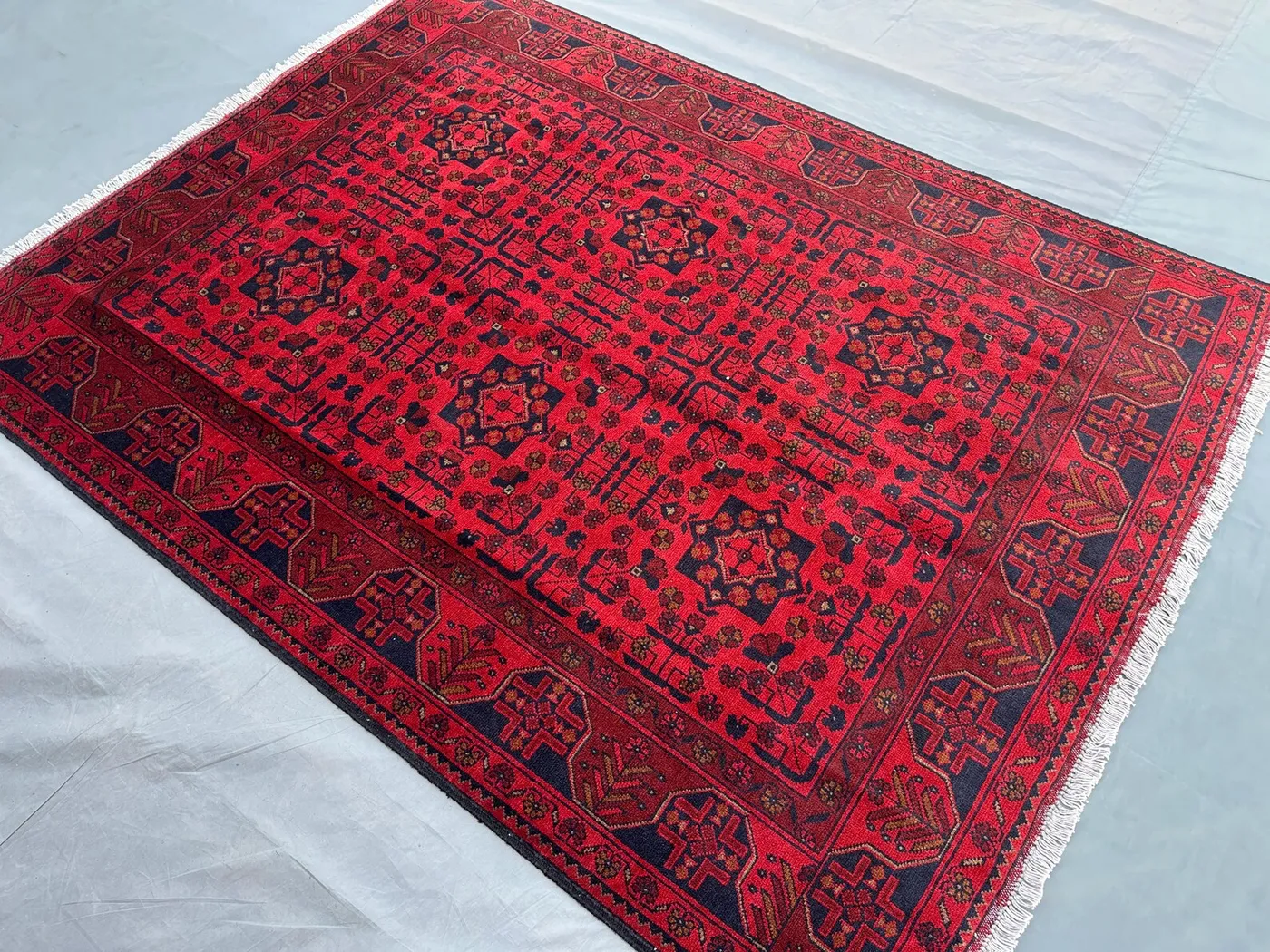 Afghan Turkoman Tribal Rug 4'10x6'7 ft Handmade Bukhara Red Carpet | Khal Mohammadi Geometric Wool Rug | Traditional Area Rug, Bedroom Rug