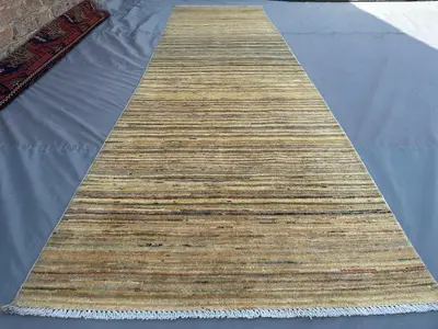 Modern Afghan Oushak Runner 3x10 Handmade Gabbeh Berber Rug | Wool Hallway Carpet | Minimalist Beige Striped R