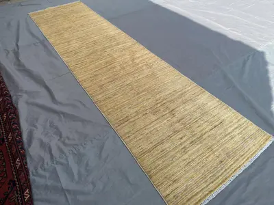 Modern Afghan Oushak Runner 3x10 Handmade Gabbeh Berber Rug | Wool Hallway Carpet | Minimalist Beige Striped R