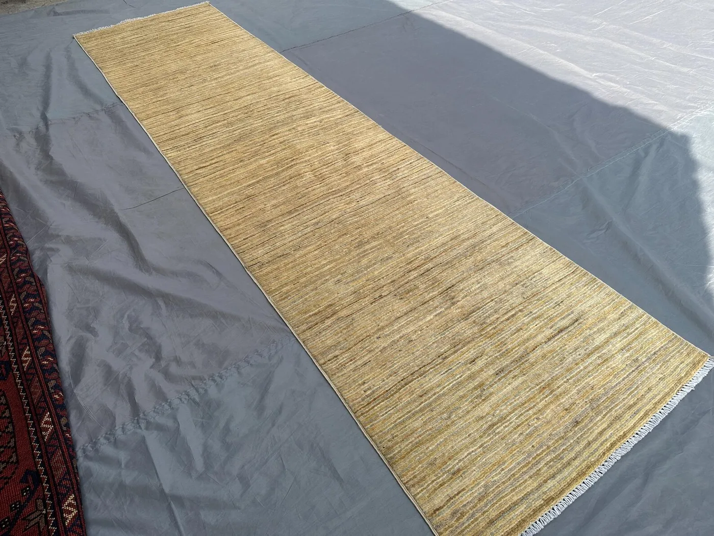 Modern Afghan Oushak Runner 3x10 Handmade Gabbeh Berber Rug | Wool Hallway Carpet | Minimalist Beige Striped Rug Turkmen Decor Moroccan rug