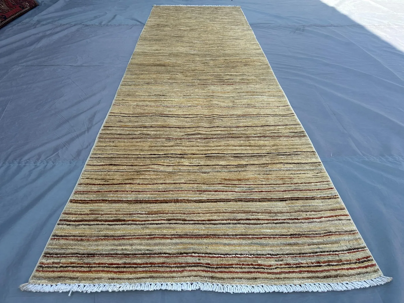 Modern Afghan Oushak Runner 3x8 Handmade Gabbeh Berber Rug | Wool Hallway Carpet | Minimalist Beige Striped Rug Turkmen Decor Moroccan rug