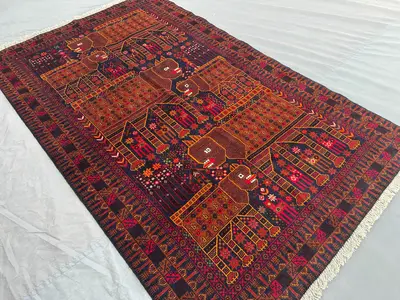 Vintage Pictorial Baluch Rug | 4x7 Afghan Animal Hunting Rug | Tribal Wool Wall Hanging | Hand Knotted Geometr