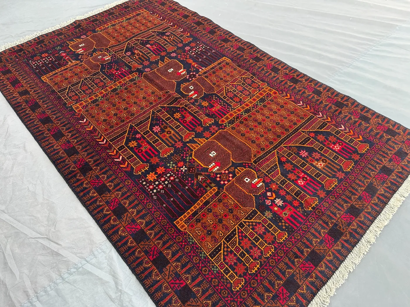 Vintage Pictorial Baluch Rug | 4x7 Afghan Animal Hunting Rug | Tribal Wool Wall Hanging | Hand Knotted Geometric Carpet | Red Small Area Rug