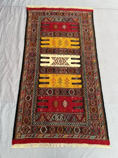 3'2x6 Ft Handmade Afghan Kilim Flatweave Rug  Rich Red & Yellow with Geometric Patterns, Traditional Wool  Liv