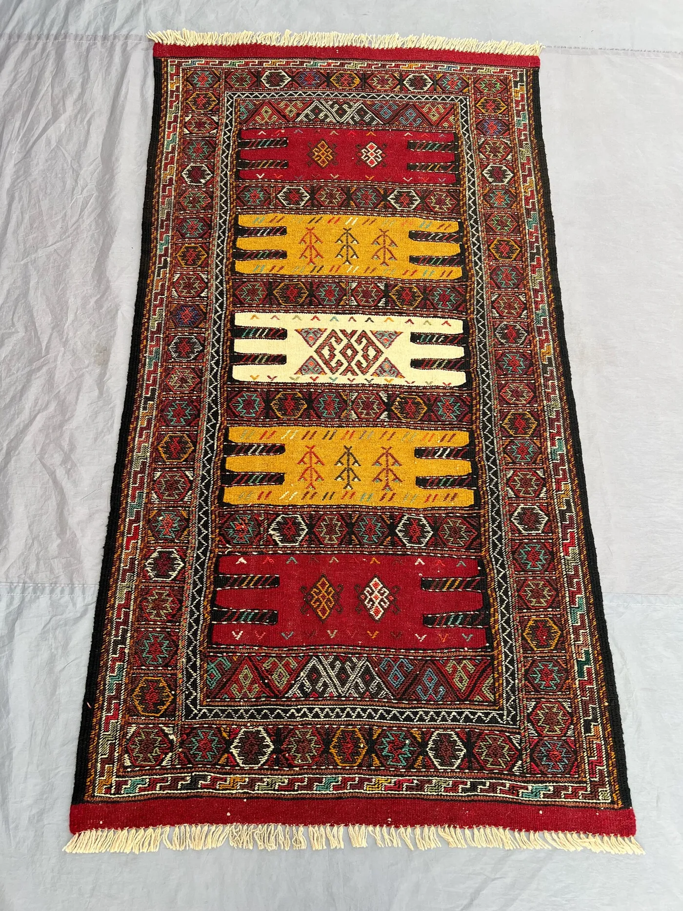 3'2x6 Ft Handmade Afghan Kilim Flatweave Rug  Rich Red & Yellow with Geometric Patterns, Traditional Wool  Living Room, Bedroom, or Entryway