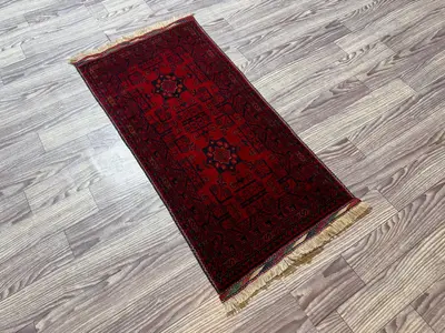 Handwoven Afghan Rug, Red Floral Design, Traditional Wool Geometric Border, Vintage Style, Cozy Living Room, D