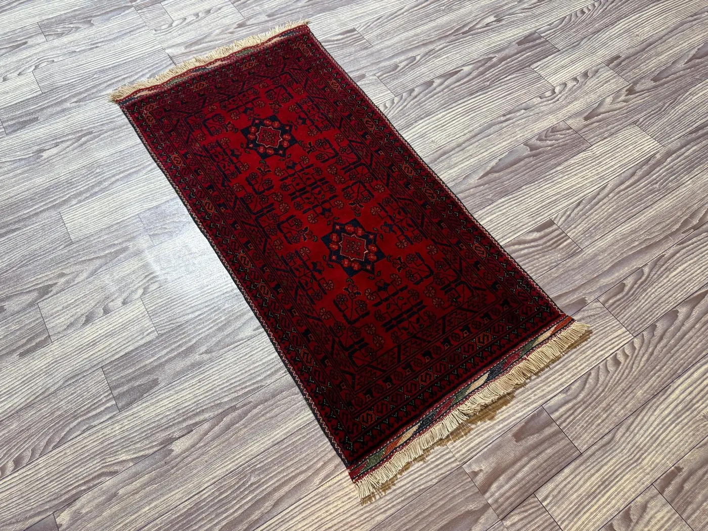 Handwoven Afghan Rug, Red Floral Design, Traditional Wool Geometric Border, Vintage Style, Cozy Living Room, Decorative Accent Rug