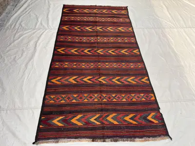 4'5x8'8 ft Vintage Afghan Kilim Rug | Handwoven Tribal Striped Chevron | Deep Aubergine & Fiery Orange Flatwea