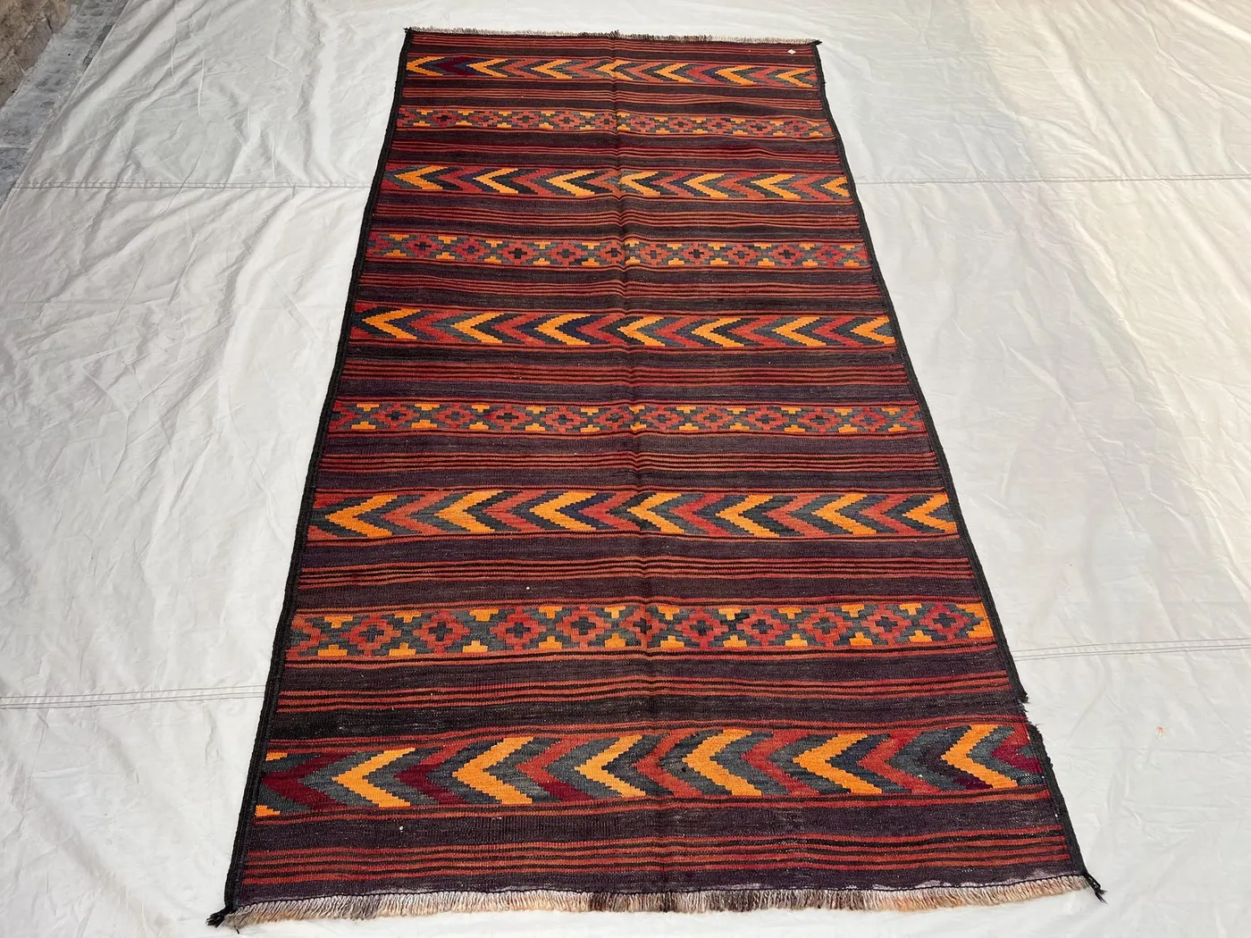 4'5x8'8 ft Vintage Afghan Kilim Rug | Handwoven Tribal Striped Chevron | Deep Aubergine & Fiery Orange Flatweave | Living Room Bedroom