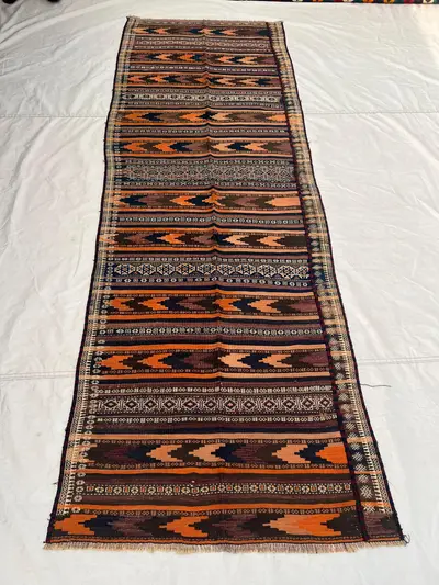 3'6x9'11 ft Vintage Afghan Kilim Runner | Handwoven Tribal Striped Chevron Arrow | Fiery Orange & Dark Aubergi