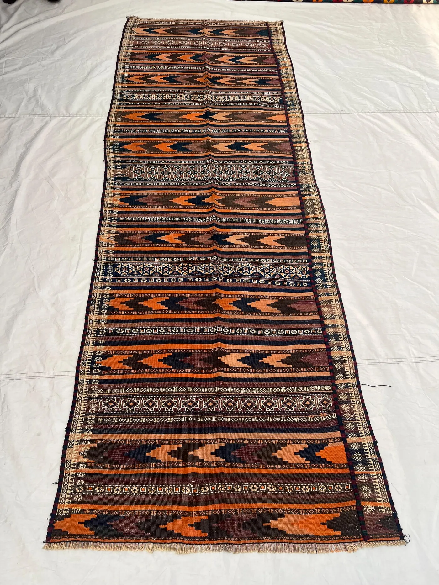 3'6x9'11 ft Vintage Afghan Kilim Runner | Handwoven Tribal Striped Chevron Arrow | Fiery Orange & Dark Aubergine Flatweave | Hallway Runner