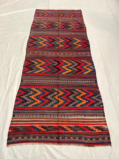 3'8x9 Vintage Afghan Kilim Handwoven Wool Flatweave Bold Chevron Zigzag Stripe Vivid Orange Purple Red Teal Mu